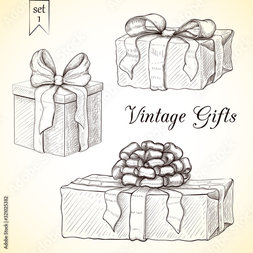 hand drawn vintage gift box collection. engraved illustration of presents isolated. icon set of present boxes with bow and ribbon. wrapped gifts sketch. Vector monochrome line art. Silhouette of boxes
