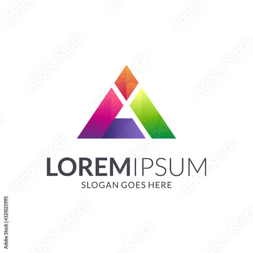 Letter A prism gradient colorful logo design, pyramid triangle crystal texture vector logo, abstract mosaic design template, creative initial letter 