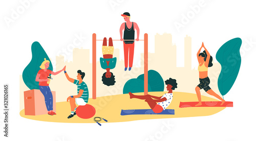 Men and women of different race working out together at park. Local community driven fitness outdoor on playground.