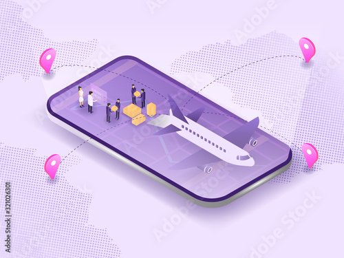 People packaging and sorting the boxes to the cargo plane and using online map in modern landing page for courier website. 3D isometric vector illustration
