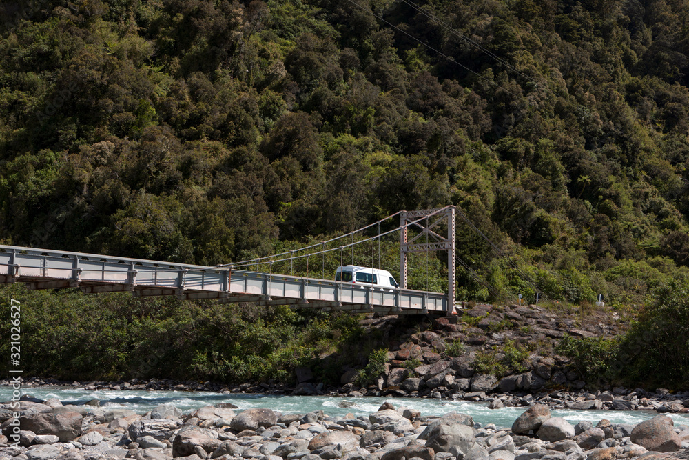 Bridge at Karangarua River. Westcoast New Zealand. Campervan.