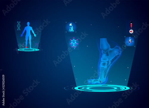 New technology for foot  injury. Abstract traumatology and orthopedics PRP injection into the knee. Medical, science and technology, the hospital for body joints. Vector illustration