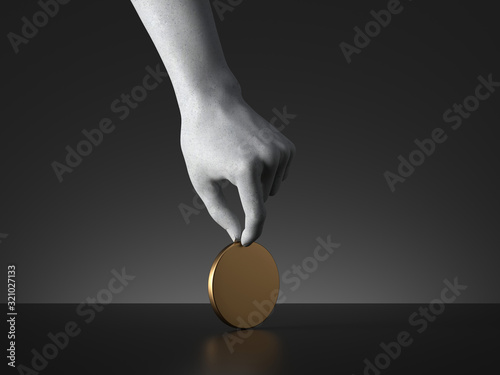 3d render, mannequin hand holding blank round golden token or coin or medal isolated on black background. Payment or fortune metaphor. Modern minimal concept. Concrete sculpture. Artificial human limb photo