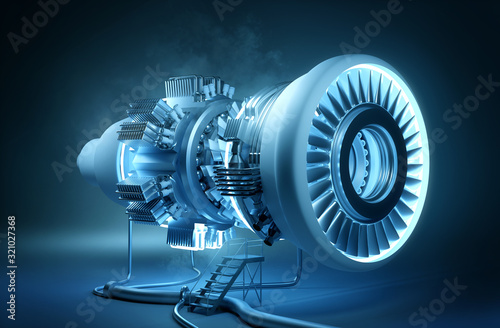 Futuristic Engineering. A glowing jet engine in the process of being constructed. 3D illustration. photo