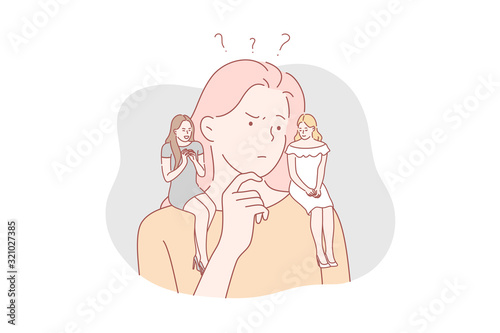 Good and evil, difficult choice concept. Young woman can not choose between good and evil. Thoughtful perplexed girl makes difficult choice and is temptated by angel and demon. Simple flat vector