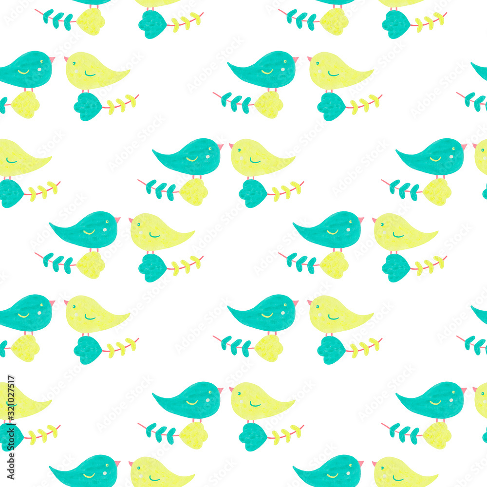 Spring romantic seamless pattern with little birds in love and flower. Gouache and acrylic hand drawn elements. For packaging, textiles and prints, wallpaper
