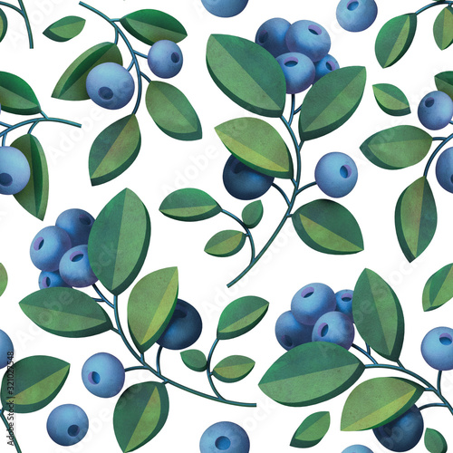 Fotografija Berries and leaves of bilberry seamless pattern isolated on white background