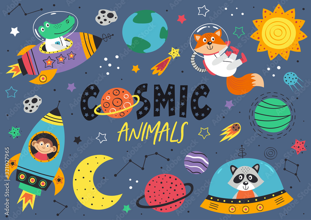 set of space animals. Crocodile, monkey,raccoon,fox in space  - vector illustration, eps    