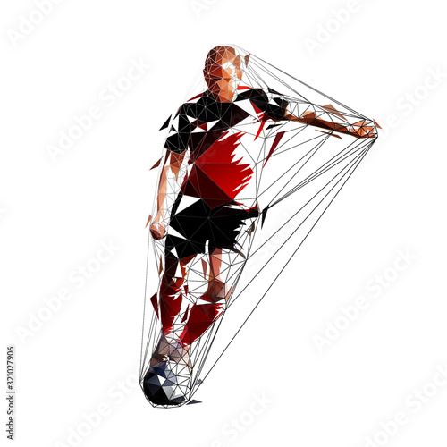 Soccer player kicking ball, front view low polygonal drawing. Isolated geometric vector illustration