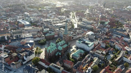 Casual aerial drone view on old city center of Aarhus, Denmark
