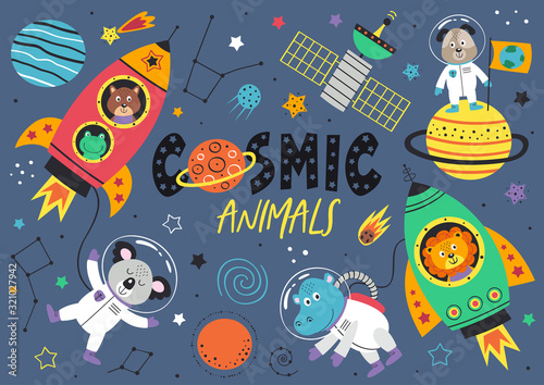 set of space animals. Dog,lion,hippo,koala,frog and squirrel in space  - vector illustration, eps    photo