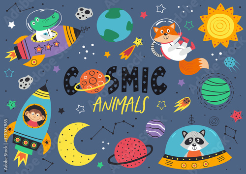set of space animals. Crocodile, monkey,raccoon,fox in space - vector illustration, eps © nataka