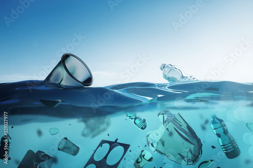 Ocean Pollution - Floating Bags and human plastic waste in the open ocean. 3D illustration.