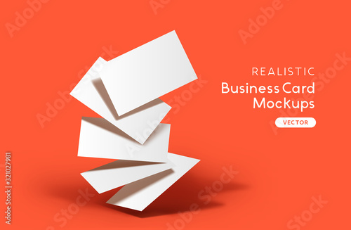 A stack of business cards on a orange background. Brand identity mockup design with shadows. Vector illustration.