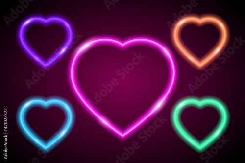 Neon hearts. Vector silhouette of neon hearts consisting of outline, with backlight on the dark background. EPS 10