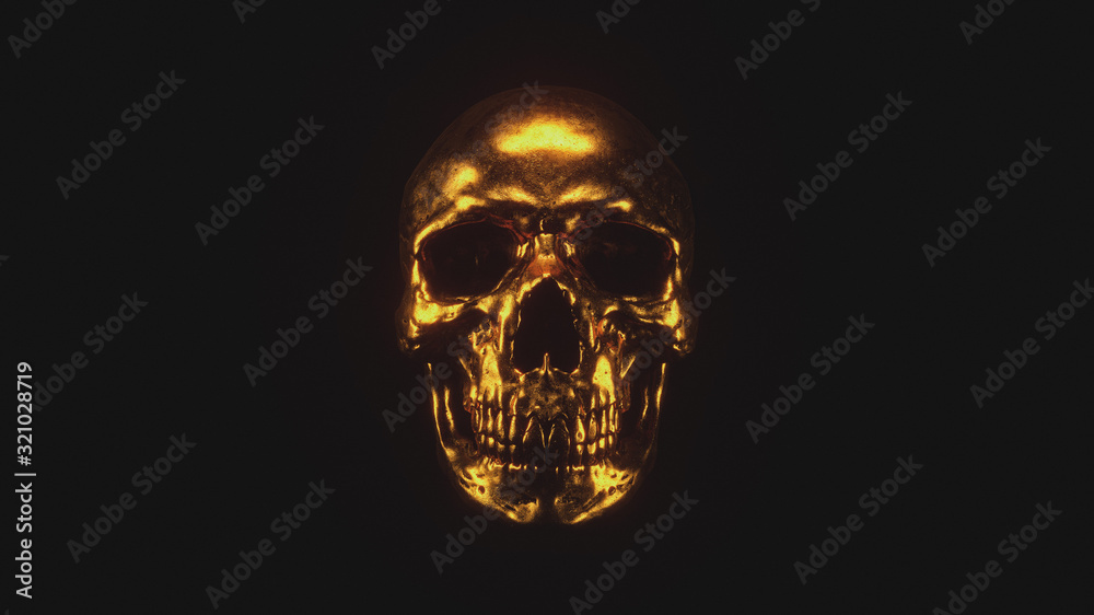 Scary grunge gold human skull isolated on black background. Concept art of a creepy gothic skull with teeth. Dark fantasy. Devil gold Mask. Skull and Crossbones. Halloween. 3d illustration
