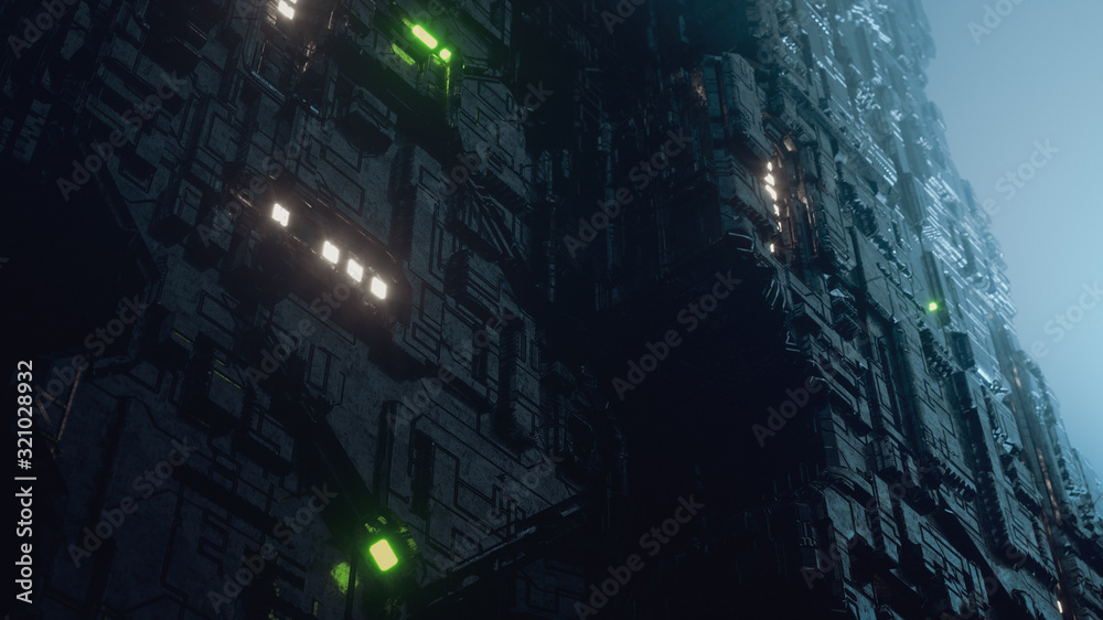 Industrial factory in night scene. Science fiction urban skyscraper in volumetric light. Futuristic wall for high-tech corporation. 3d illustration of tower of the future cityscape in cyberpunk style.