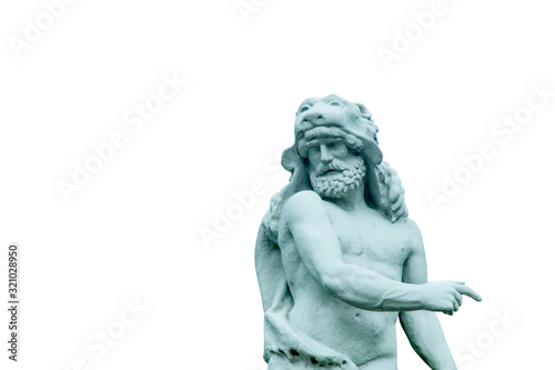 Ancient statue isolated on white background. Ancient statuue of Hercules as symbol of power and liberty