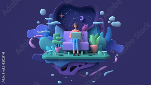 Naklejka Brunette woman with a laptop sitting on a sofa late at night. Abstract concept art lazy sedentary lifestyle of a young freelancer working from home with cat, plants. 3d illustration on blue background