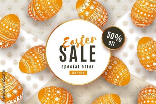 Happy Easter Sale banner. Beautiful template with painted orange 3D eggs and floral background. Minimal design for website, poster, ad, promotion
