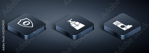 Set Isometric Mustache and beard on shield, Shaving gel foam and Aftershave icon. Vector