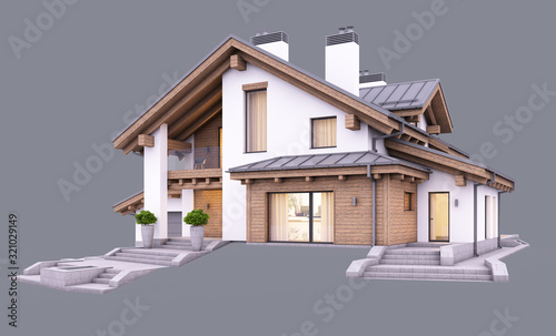 3d rendering of modern cozy house in chalet style with garage and pool for sale or rent in evening with cozy light from window. Isolated on gray