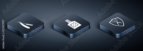 Set Isometric Straight razor, Scissors hairdresser and shield and Aftershave icon. Vector