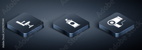 Set Isometric Barbershop chair, Hair dryer and Shaving gel foam icon. Vector