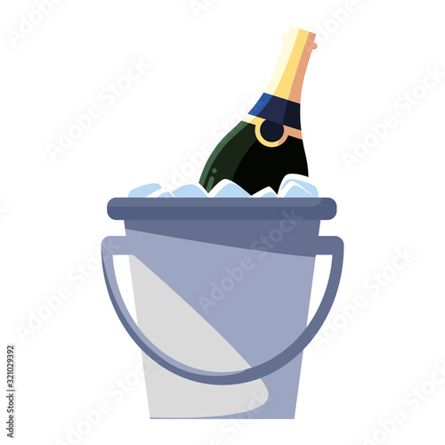 wine bottle inside ice bucket on white background