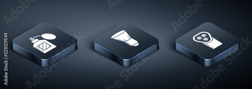 Set Isometric Aftershave, Electrical hair clipper or shaver and Shaving brush icon. Vector