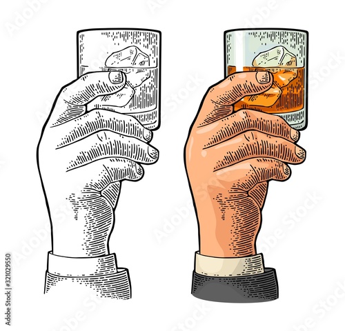 Male hand holding glass whiskey. Vintage vector engraving
