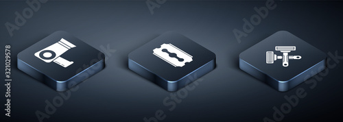 Set Isometric Hair dryer, Crossed shaving razor and Blade razor icon. Vector