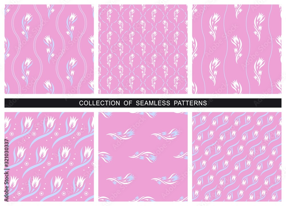 Set of seamless patterns with flowers (tulips), leaves and waves. Floral ornament in light pink and blue colors. Repeating texture for the design of wallpaper, textile, wrapping paper. Vector image.
