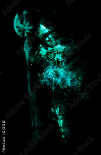 A spooky skeleton Ghost with a halberd and shield in his hands, equipped in medieval knight's armor, stands ready with glowing eyes emitting waves of mystical energy. 2D illustration.