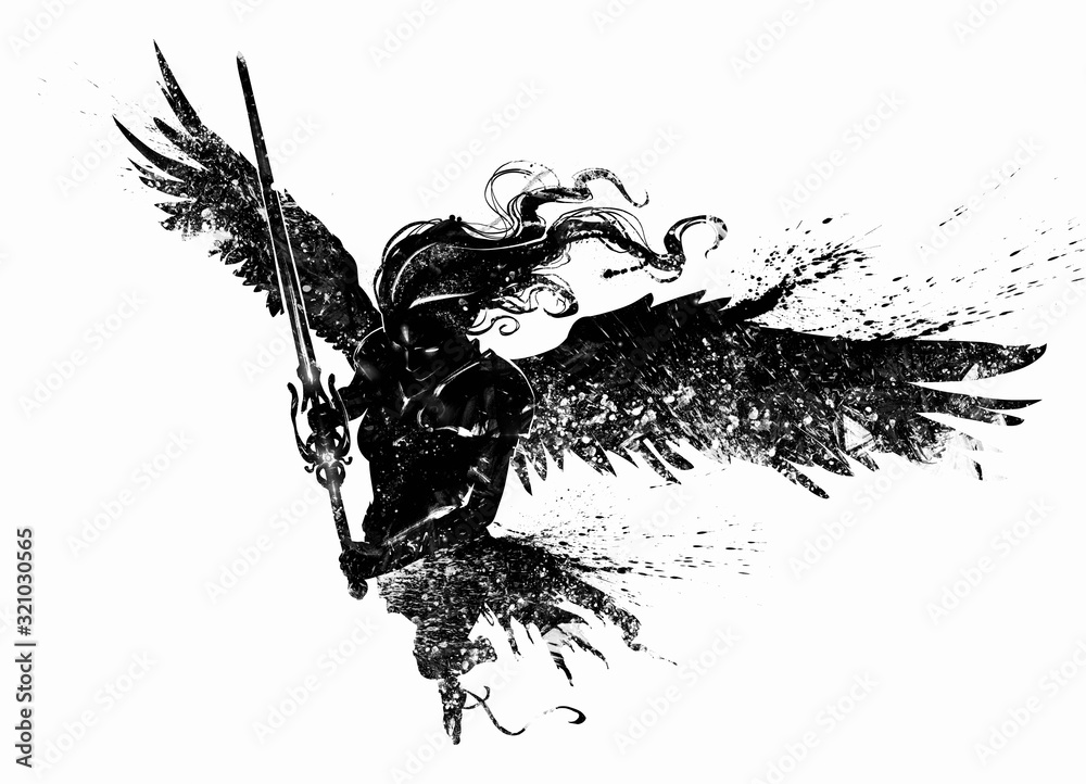 Black silhouette of a beautiful angel woman with a long two-handed sword, huge black wings and hair fluttering in the wind. In a dynamic view from the top. 2D illustration Black silhouette of a beautiful angel woman with a long two-handed sword, huge black wings and hair fluttering in the wind. In a dynamic view from the top. 2D illustration
