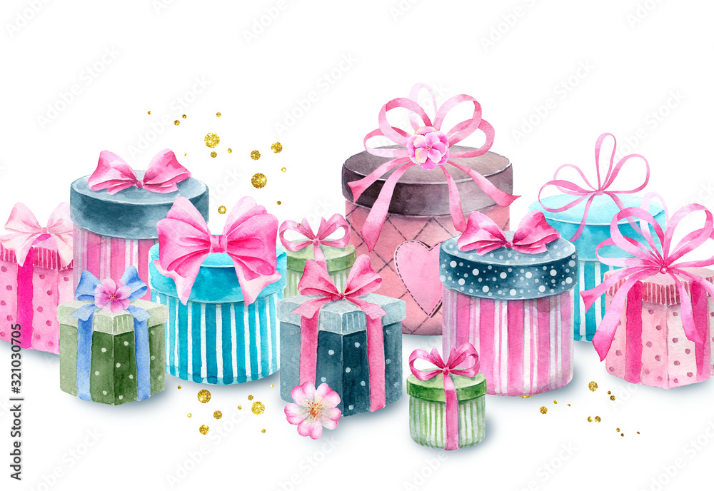 Gift boxes with bows and flowers in vintage style.Watercolor illustration for invitations,greeting card and design isolated on white background.