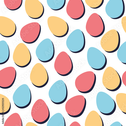 Colorful Easter eggs seamless pattern. Simple easter eggs in pastel red, orange, blue colors isolated on white background. Modern Hand drawn vector illustration, cartoon style