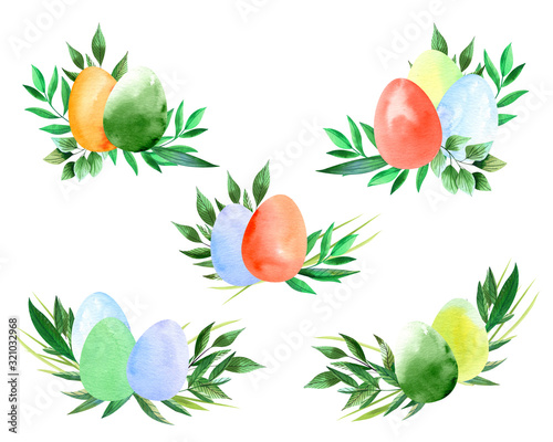 Fototapeta Naklejka Na Ścianę i Meble -  Watercolor Easter decoration with colouful eggs and wreaths. Great for invitations, decor, web, greeting cards