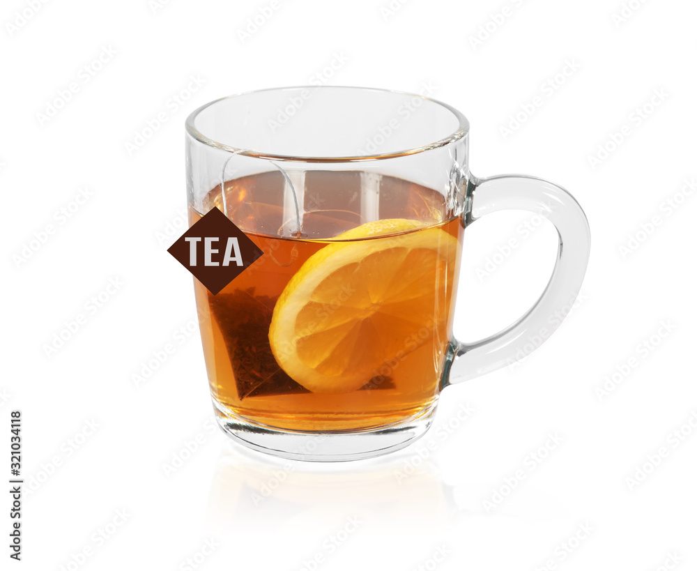 Cup of black tea with lemon isolated on white Cup of black tea with lemon isolated on white