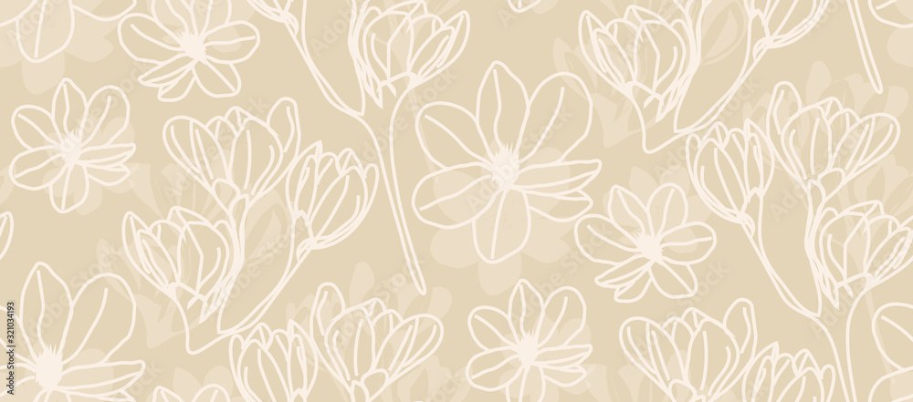 Fototapeta premium Magnolia in beige line art - seamless pattern
