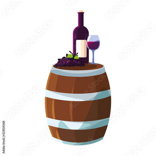 barrel with bottle of wine on white background