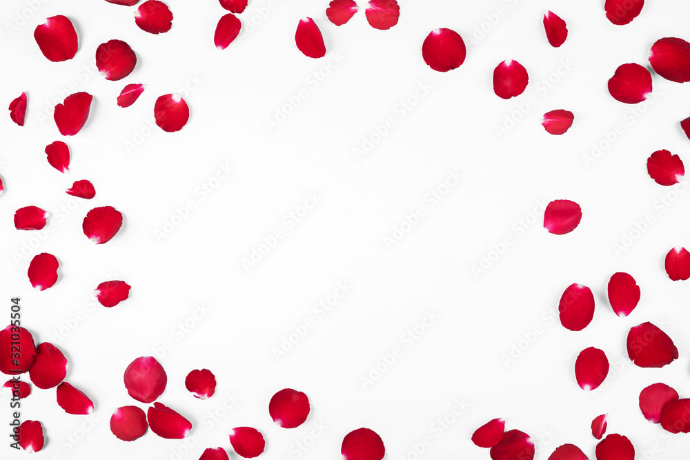 Valentine's day, Flowers round frame made of rose flowers on blue background, Valentines day background.