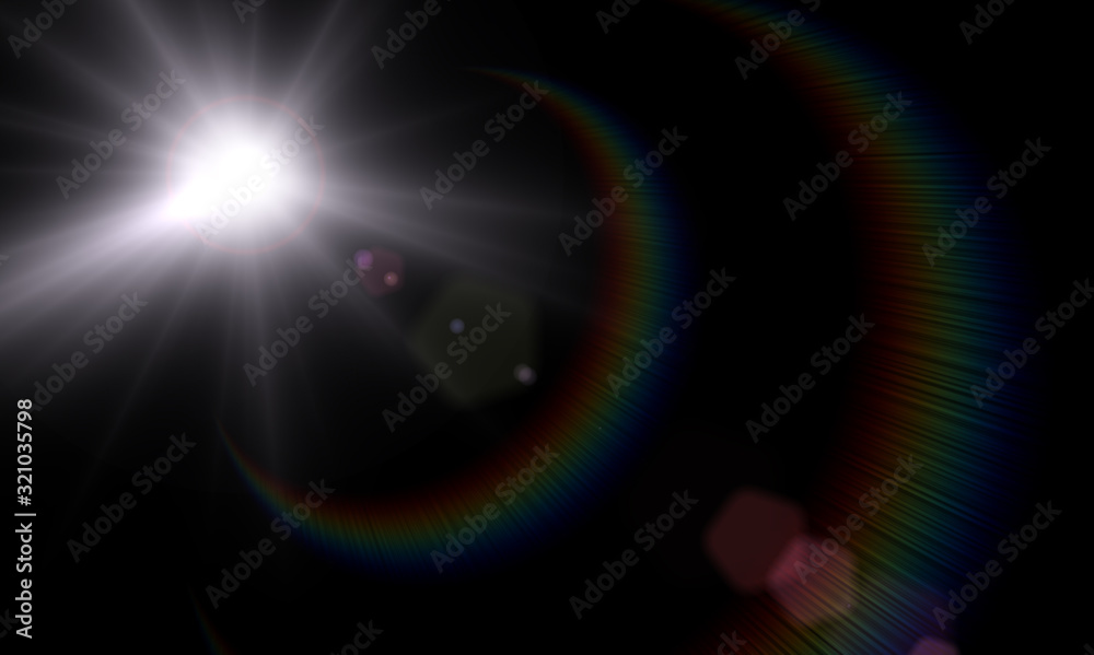 Obraz premium Overlay, flare light transition, effects sunlight, lens flare, light leaks. High-quality stock image of warm sun rays light effects, overlays or golden flare isolated on black background for design