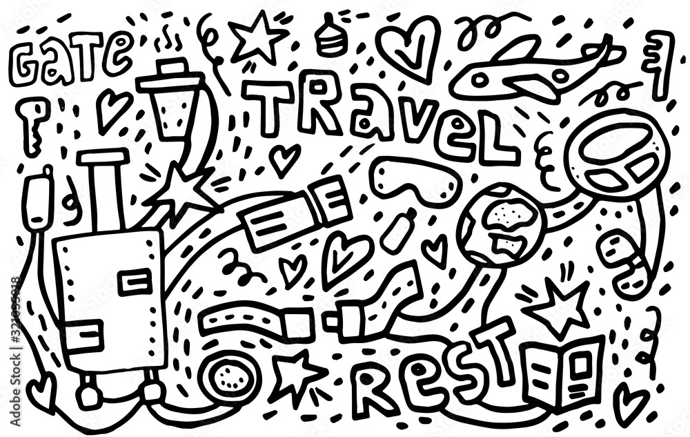 World Travel Set. Hand drawn simple vector sketches collection.