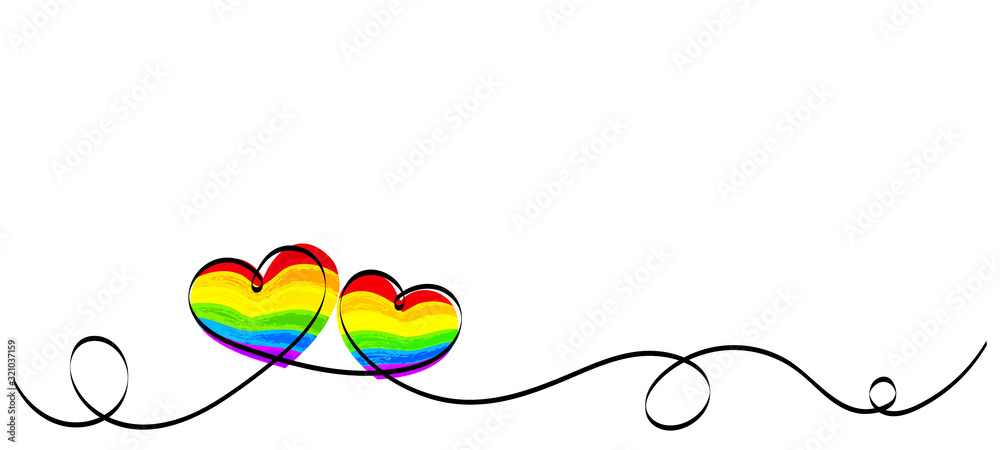 Calligraphy Rainbow Heart Ribbon on White background. LGBT Pride Month. Lesbian, gay, bisexual, transgender love symbols. Valentines day romantic greeting card with stripes. Wedding invitation card