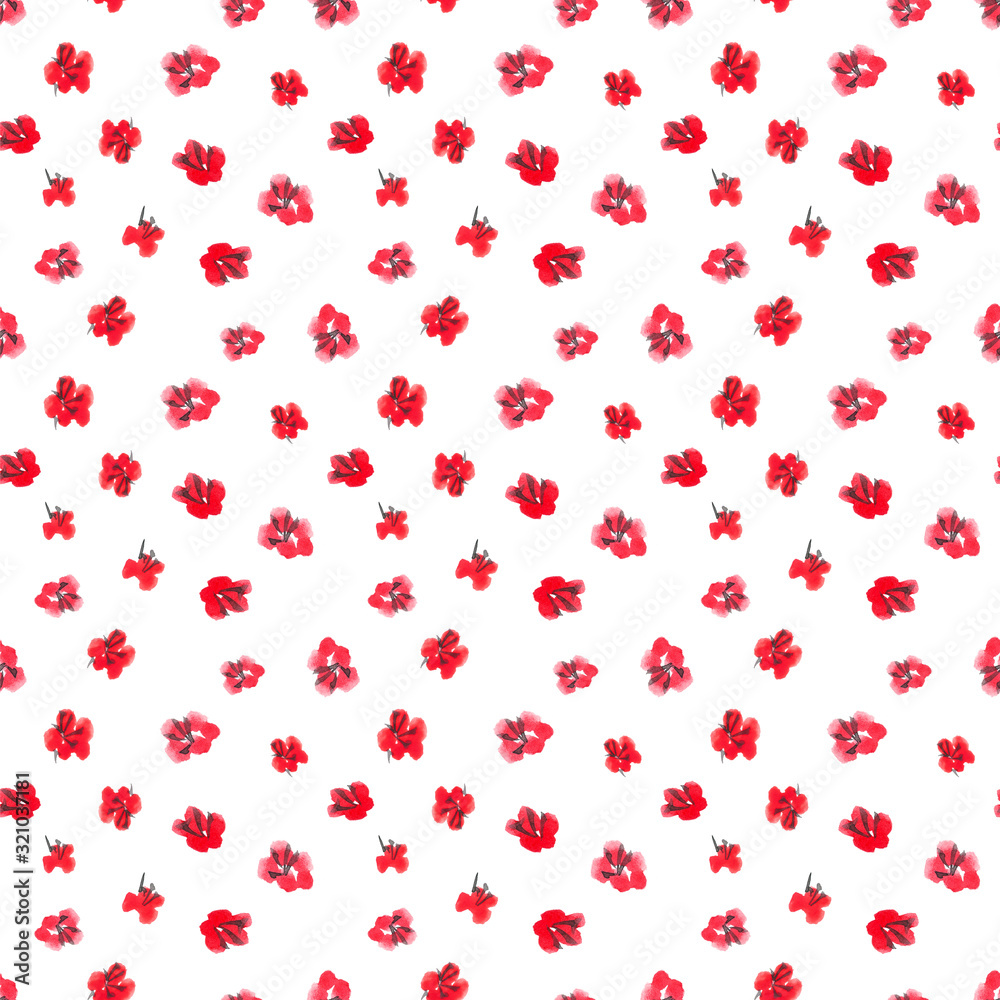 hand-drawn illustration: seamless pattern of little red flowers