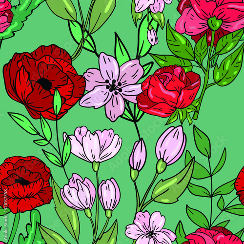 Seamless vector pattern with hand drawn flowers, roses and  poppy on green background. Spring bouquet illustration.  Good for printing. Wallpaper, fabric and textile idea. Wrapping paper design. 