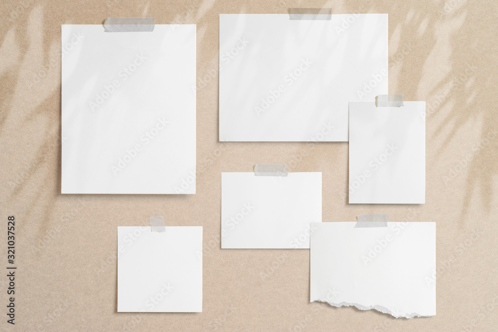 Moodboard template composition with blank photo cards, torn paper, square frame glued with adhesive tape on light paper background with floral overlay shadows as template.