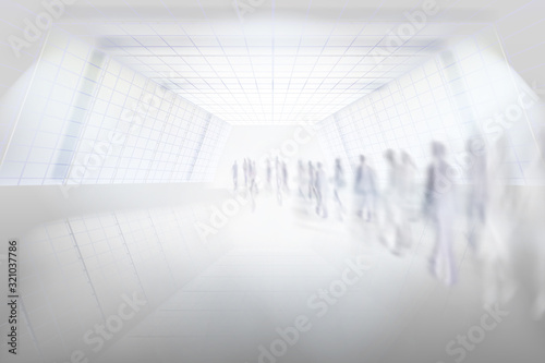 People walking through the underground passage. A long tunnel. Shopping gallery corridor. A large hall. Vector illustration.