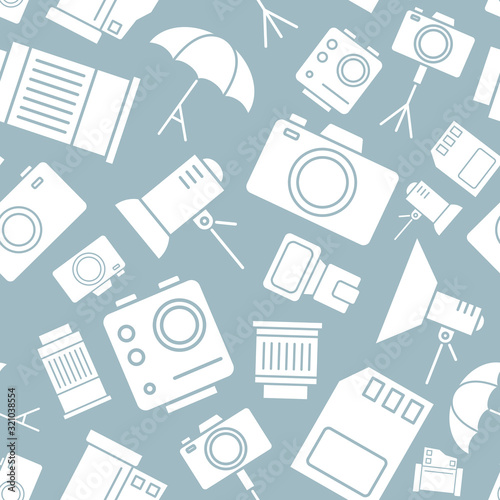 Photo equipment background - Vector seamless pattern solid silhouettes of camera, flash, lens, tripod, slr and light for graphic design